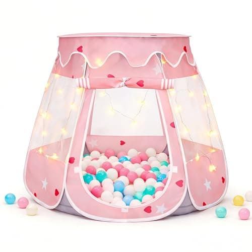 Pop Up Princess Tent with Star Lights for 1 2 3 Year Old Girl Birthday Gifts, Ball Pit for 12-18 Months Baby Girl Toys, Toddler Gifts with Carrying Bag, Indoor&Outdoor Play Tent for Kids (Pink Gray) - Image 1