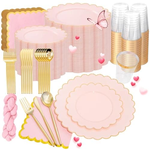 WONDERFUL 351pcs Pink Plastic Plates - Luxury Party Plates and Cups and Napkins Sets Includes 1 Table Runner 100 Disposable Plate 150 Heavy Duty Silverware 50 Cups 50 Wedding Napkins for Wedding Party - Image 1