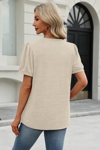 XIEERDUO Plus Size Spring Clothes for Women Spring Tops Short Sleeve for Women Pleated Shirts Blouses Dressy Causual Spring Outfits Fashion Clothing 2026 Apricot XXL - Thumbnail 5