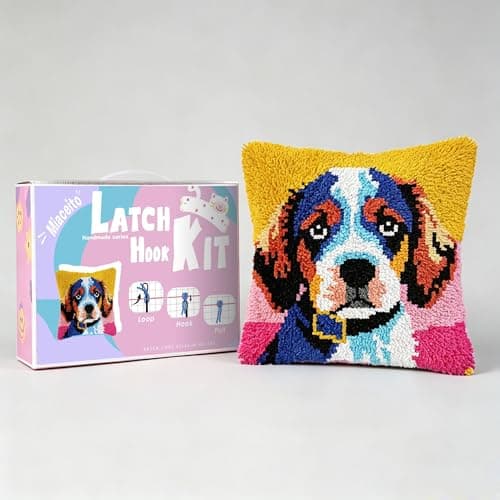 Miaceito Pre-Printed Colorful Dog Latch Hook Pillow Kits for Adults Beginners, Cozy DIY Latch Hook Kits Includes Wooden Hook 17x17 Inch Home Decor Sofa Cushion Gift for Mom - Image 1