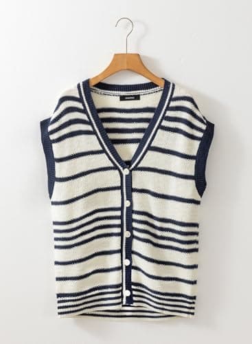 Dokotoo Sweater Vest Women Striped V Neck Button Vest for Women Open Front Womens Vest Top Trendy Womens Sweaters Blue Medium - Thumbnail 6