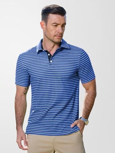JEMLDL Golf Polo Shirts for Men Dry Fit Summer Short Sleeve Performance Moisture Wicking Casual Printed Collared Polo Shirt Blue Stripes 3XL - Thumbnail 3