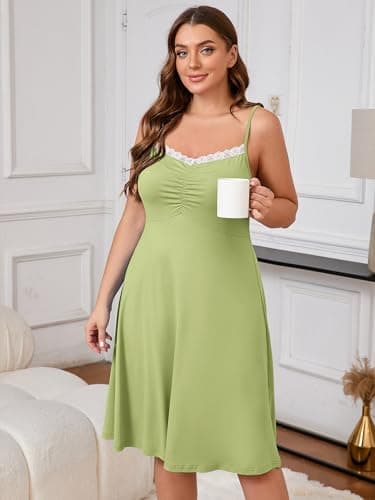 AusLook Plus Size Women's Nightgown Avocado Green 1X Spaghetti Strap Sleepwear Soft Sleeveless Lace V Neck Cami Sleep Dress - Thumbnail 4