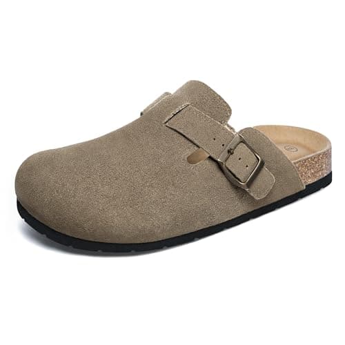Xiakolaka Women's Suede Clogs Adjustable Buckle Slip on Footbed Home Clog Slippers for Comfort Casual Daily Wear Taupe Size 8 - Image 1