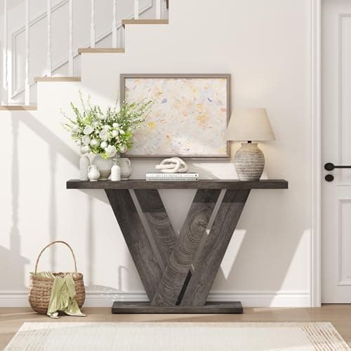 karlott 51 Inch Console Table, Farmhouse Entryway Table with V-Shaped, Wood Sofa Table Behind Couch Table, Narrow Entryway Accent Table for Living Room, Hallway, Entrance, Foyer, Easy Assembly, Grey - Thumbnail 6