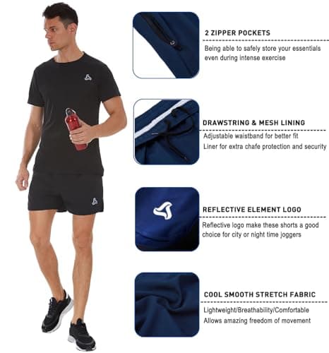 SILKWORLD Men's Running Stretch Quick Dry Shorts with Zipper Pockets, Black,Dark Navy(Pack of 2), Medium - Thumbnail 4