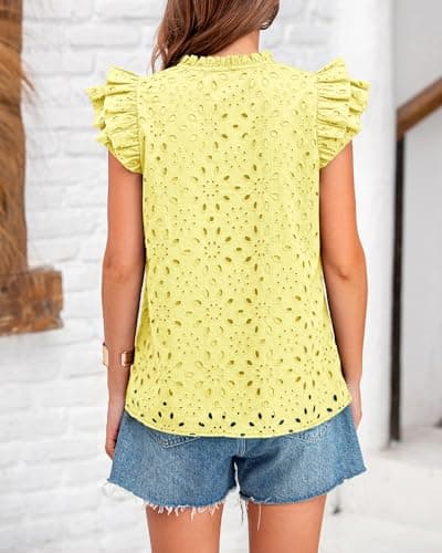 BTFBM Summer Eyelet Tops for Women 2026 Dressy Casual Spring V Neck Ruffle Cap Sleeve Embroidered Blouses Resort Wear(Yellow, XX-Large) - Thumbnail 3
