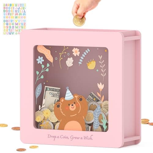 Summidate Wooden Piggy Bank for Kids Girls, Money Savings Bank with Clear Removable Windows and DIY Stickers, Kids Visual Cash Vault Box for Teens, Birthday - Image 1