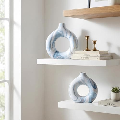 Ceramic Donut Vase Set of 2, Light Blue & White Ring Centerpiece for Pampas Grass, Modern Boho Hugging Snuggle Design, Small Blue Flower Holder for Shelf, Mantel, Wedding Table Decor（8.86"H & 7.09"H） - Thumbnail 6