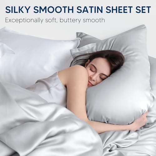 Tokokimo Satin Sheets CKing Size 4 PC - 16" Deep Pocket Silky Soft Bed Sheets, Wrinkle-Free Satin Silk Sheet, Hair & Skin Saver Bed Sheets Set with 1 Fitted Sheet, 1 Flat Sheet, 2 Pillow Cases - Thumbnail 2