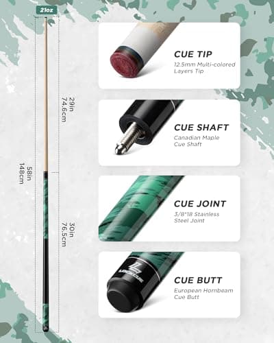 LOCKCUE Pool Cue Stick 21oz, 58-inch Green Billiard Cue with 12.5mm Leather Tip, 18 Joints & Black Ferrules for Professional Play - Thumbnail 2