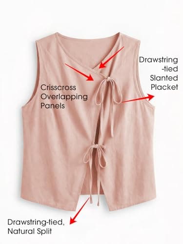EXLURA Womens Linen Tank Tops Summer Trendy V Neck Vest Casual Tie Front Shirt Cute Spring Beach Vacation Outfits 2026 Pink - Thumbnail 5