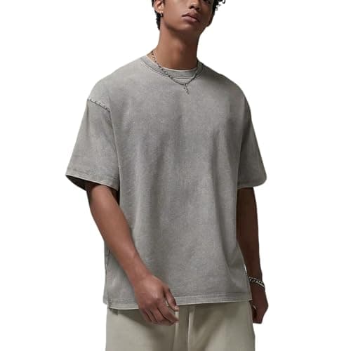 Zukela Grey Men's Oversized Vintage Acid Wash Cotton Shirts Unisex Loose Fit Short Sleeve Casual Drop Shoulder Tops Tees XL