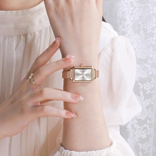 Taxau Womens Dress Watch with Mesh Band Small Womens Watches for Small Wrists Rose Gold Square Analog Quartz Dress Rectangle Lady Watch reloj para Mujer - Thumbnail 3