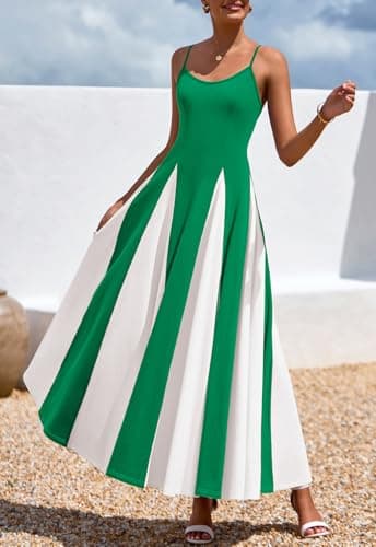 PRETTYGARDEN Women's 2026 Spring Spaghetti Strap Maxi Dress Stretch Sexy Flowy Dress Backless Wedding Guest Long Dresses (Green White, XX-Large) - Thumbnail 4