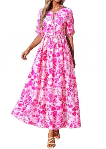 KIRUNDO Summer Dresses for Women 2026 Spring Wedding Guest Boho Floral 3/4 Sleeve Beach Vacation Cruise Flowy Maxi Dress(Rose Red, Medium) - Thumbnail 3
