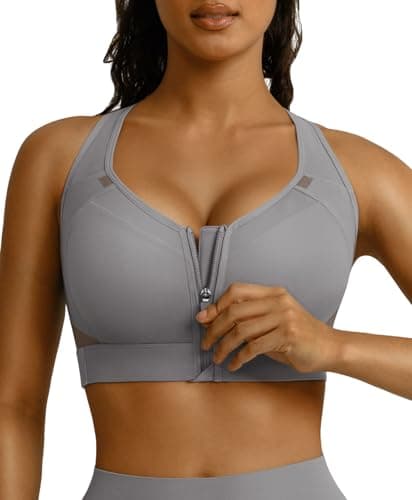 BRXL Zip Front Sports Bras for Women Built in Padding Sports Bra High Impact Adjustable Straps Sport Bras Grey XL - Image 1