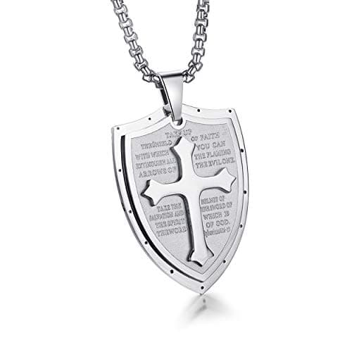 Rehoboth Mens Stainless Steel Shield Cross Pendant Necklace Shield Armor of God Ephesians 6:16-17 Pendant Chain 24 Inch for Women Men Silver - Thumbnail 2