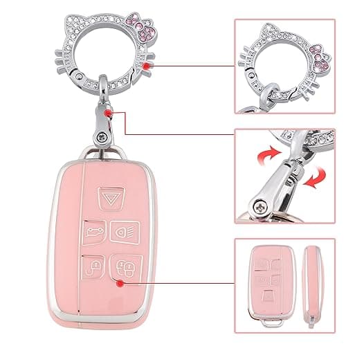 Pangpai Pink Key Fob Cover for Land Rover Jaguar, Soft TPU Key Case Protection with Bling Keychain Fit for Evoque Velar Sport Discovery Freelander2 LR4 Sport Jaguar XF XJ XE F-PACE F-TYPE - Thumbnail 4