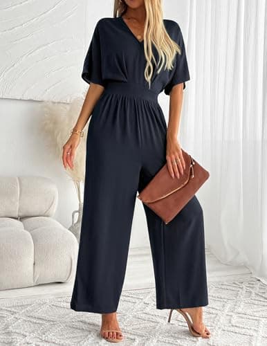 LOOKBOOK Womens Jumpsuit V Neck Batwing Sleeve Belted High Waist Wide Leg Romper with Pockets Casual One Piece Outfits Navy M - Thumbnail 4