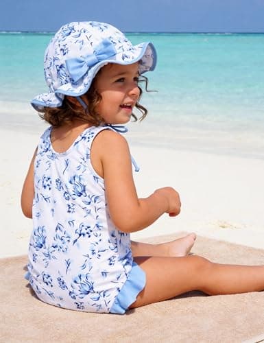 GEMLON Toddler Girl Swimsuit 4T One Piece Swimsuit Girls with Hats Floral Printed Ruffled Bow Beach Swimwear - Thumbnail 3