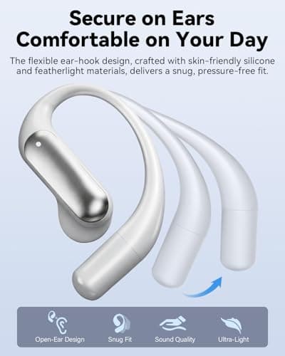 Wentronic Open Ear Headphones, Wireless Earbuds Bluetooth 5.4 with Digital Display, Secure Earhook, 48H Playtime, Enhanced Sound, Clear Calls, IP55 Waterproof Ultra-Light Sports Headphones - Silver - Thumbnail 6