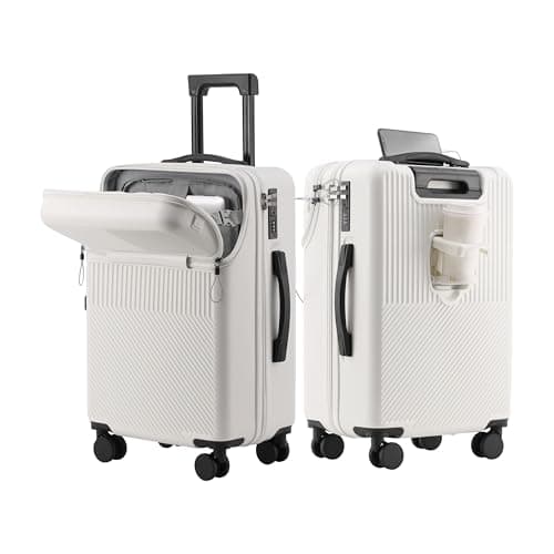 Aivens Carry On Luggage with Front Laptop Compartment & USB Port, Hardside Smart Suitcase with TSA Lock & Cup Holder, 20 Inch Rolling Luggage for Business Trips & Weekend Getaways (White) - Image 1