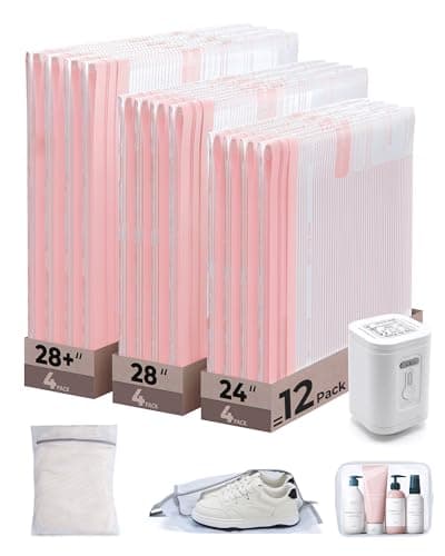 BAGSMART Vacuum Bags for Travel with Rechargeable Air Pump, Portable Space Saver Bags for Travel & Home, Vacuum Compression Seal Bag for Clothing, Blanket, 15 Pack-Pink