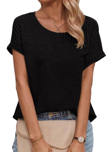 Dokotoo Tops for Women Dressy Casual Crew Neck Baggy Short Sleeve Pleated Tee Shirts Blouses for Women 2026 Trendy Fashion Solid Color Elegant Comfy Summer Shirt Loose Fit Womens Tunic Tops Black XXL - Image 1