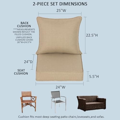 Localive 24x24 Inch Outdoor Deep Seat Cushions Set of 2,Thick High-Density Foam, Piped Edges & YKK Hidden Zipper,Water-Resistant UV-Resistant Polyester for Patio Furniture,Toffee - Thumbnail 2