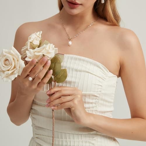 Baroque Pearl Pendant Necklaces for Women, 14K Gold Sliver Plated Adjustable Chain Toggle Clasp Necklace Women Wedding Anniversary Jewelry for Mothers Day Christmas Birthday Valentine's Day Gifts (Sliver) - Thumbnail 2