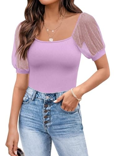 DOROSE Womens Summer Tops Sexy Casual Mesh Short Sleeve Shirts Blouses Lilac - Image 1