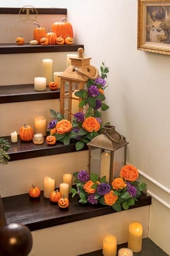 TINGE TIME Artificial Flowers, Fake Rose Silk Dahlia with Stems for DIY Bridal Wedding Bouquets Baby Shower Floral Arrangements Centerpiece Table Party Home Decorations (Burnt Orange and Purple) - Thumbnail 2