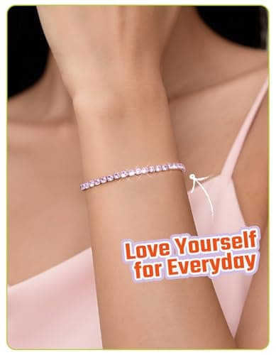 Just Being Cute Tennis Bracelets for Women|White Gold Plated Classic Tennis Bracelet with 3mm Pink Round Cubic Zirconia|Birthday Anniversary Wedding Valentine's Day Gift, Size 6.5-7.5 Inch - Thumbnail 2