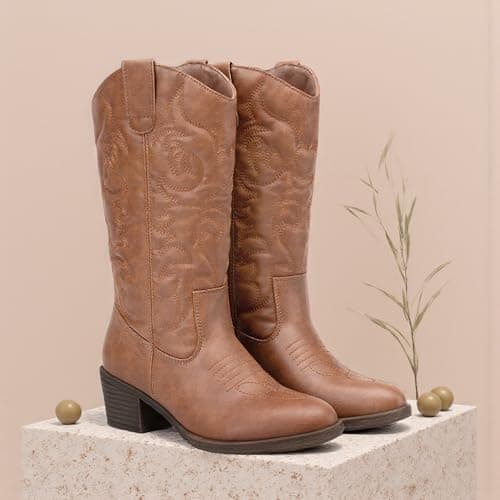 Vepose Women's Cowboy Boots Western Cowgirl Round Toe Mid Calf Boots,Brown,Size 6M US(CJY9801 Brown 06) - Thumbnail 3