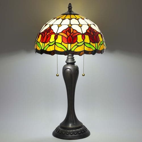 FILIUTF Stained Glass Table Lamp, Red Tulips Style Lampshade Reading Light 12X12X22 Inches, Adjustable 3 Color Temperature Decor for Bedroom Living Room - Thumbnail 3