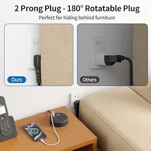 2 Prong Power Strip with 10ft Extension Cord, NTONPOWER 1875W/15A, 180° Rotating Plug, 2 Prong to 3 Prong Outlet Adapter, Wall Mountable, 3 AC Outlets & 2 USB A & 2 USB C, Ideal for Older House Office - Thumbnail 2