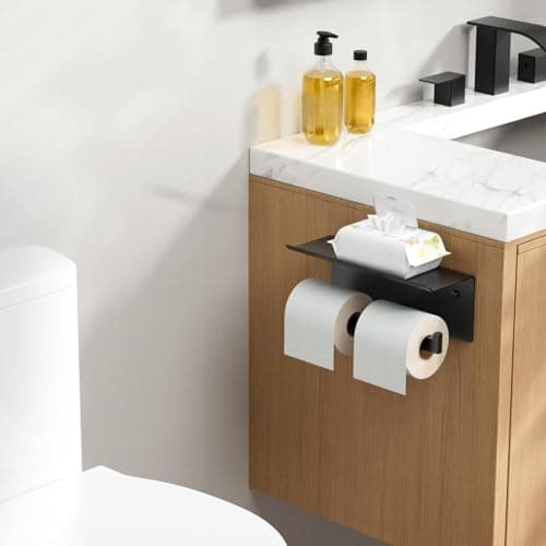 FORIOUS Black Toilet Paper Holder with Shelf, 304 Stainless Steel Wall Mount Commercial Toilet Paper Dispenser, Double Tissue Roll Holder for Bathroom, Matte Black - Thumbnail 2