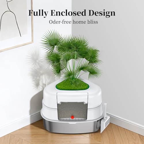 Chumajor XXL Stainless Steel Corner Cat Litter Box with Lid, Enclosed Hidden Plant Litter Box with Artificial Plant, Easy-Clean Covered Decorative Litter Box for Large Cats, White - Thumbnail 2