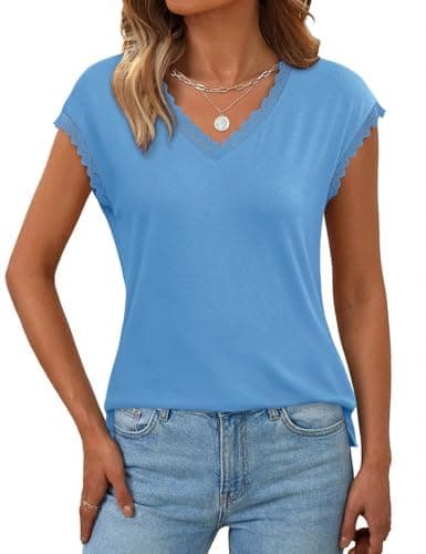 JUSTFASHIONNOW Lace Blouse Soft Cap Sleeve Blue Tops for Women Summer V Neck Tank Tops Dressy Casual Shirts Trendy Clothes(Blue,Large) - Thumbnail 2