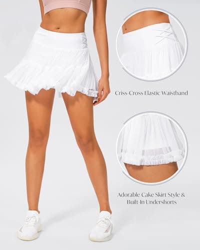 Stelle Women's High Waist Athletic Skorts with Shorts Pockets Ruffle Flowy Mini Cake Skirt Layered Pleated Cute Casual Summer (White,XS) - Thumbnail 5