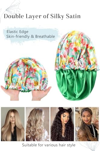 Vettres Silk Hair Bonnet for Sleeping with Scrunchie Adjustable Sleep Bonnets Double Layer Satin Sleep Cap for Curly Hair Colorful Flower - Thumbnail 5