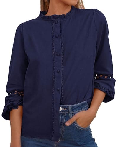 KIRUNDO Going Out Tops for Women 2026 Spring Fashion Boho Cotton Eyelet Long Sleeve Button Up Shirt Lace Dressy Casual Blouse(Navy Blue, Small) - Image 1