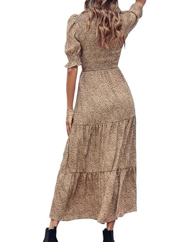 BTFBM Women Casual Summer Dresses 2025 Spring Crew Neck Ruffle Short Sleeve Floral Print Smocked Boho Flowy Maxi Dress(Dot Apricot Brown, X-Large) - Thumbnail 2