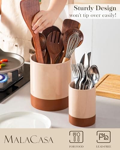 MALACASA Utensil Holder, 7.3"+5.5" Ceramic Kitchen Utensil Holder for Countertop, Large Cooking Utensil Crocks for Kitchen Counter, Farmhouse Utensils Organizer, Set of 2, Khaki Pink, Series TARA - Thumbnail 3