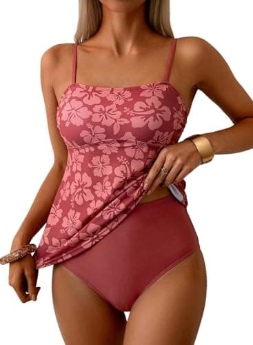 Dokotoo Women's Boho Floral Tankini Set Two Piece Swimsuits Flowy Vintage Beachwear,Vine Large - Image 1