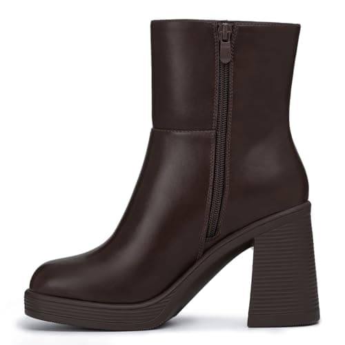 Athlefit Women's Platform Ankle Boots High Chunky Block Heel Brown Boots Fashion Square Toe Zipper Heeled Booties Size 11 - Thumbnail 3