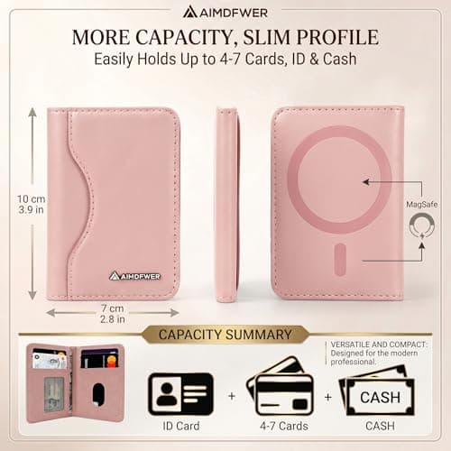 AIMDFWER Magsafe Wallet Women with 7 Credit Card Holders&ID Window, Strong Magnet Minimalist RFID Blocking Sleeves for MagSafe Phones and Cases, Compatible with iPhone 12/13/14/15/16/17 Series(Pink) - Thumbnail 2