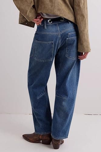 PLNOTME Womens Baggy Barrel Horseshoe Jeans Wide Leg Patchwork Low Rise Denim Pants with Pockets Navy - Thumbnail 4