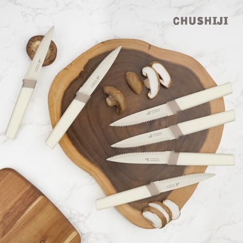CHUSHIJI 15-Piece Kitchen Knife Set with Block, Premium High Carbon Stainless Steel, 8-Inch Chef Knife & 6 Steak Knives, Sharp Dishwasher Safe Durable Cutlery for Home Cooking, White - Thumbnail 6